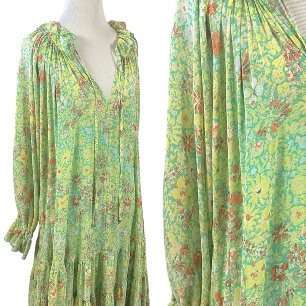 Free People Feeling Groovy Maxi Dress Size Medium 70s Chartreuse Floral Bohemian - Picture 5 of 16